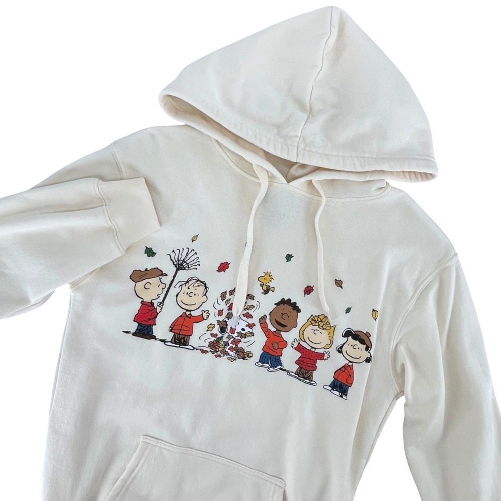 Peanuts Fall Hoodie Women Small Cream Leaves Snoopy Charlie Brown Pullover